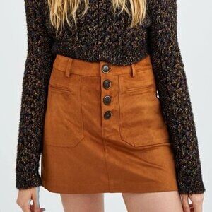 NEW NWT ZARA TRAFALUC TRF Faux Suede Mini Skirt Solid Brown High Waisted Button
